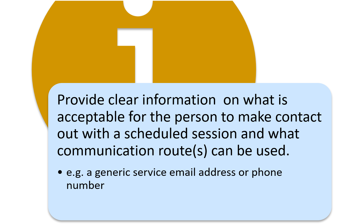 Image of an i for information in the background. Provide clear information on what is acceptable for the person to make contact out with a scheduled session and what communication route(s) can be used.  e.g. a generic service email address or phone number.