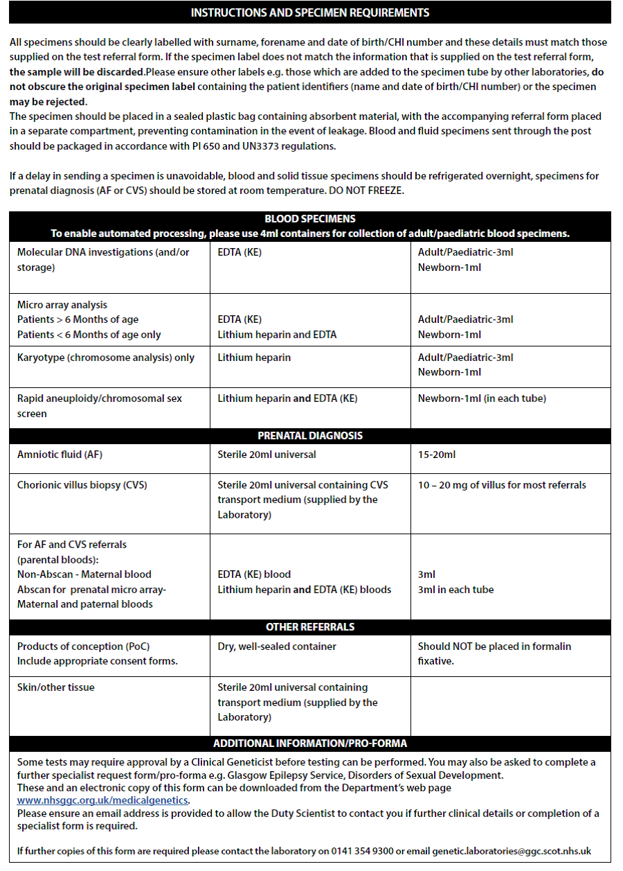 Instructions and specimen requirements information