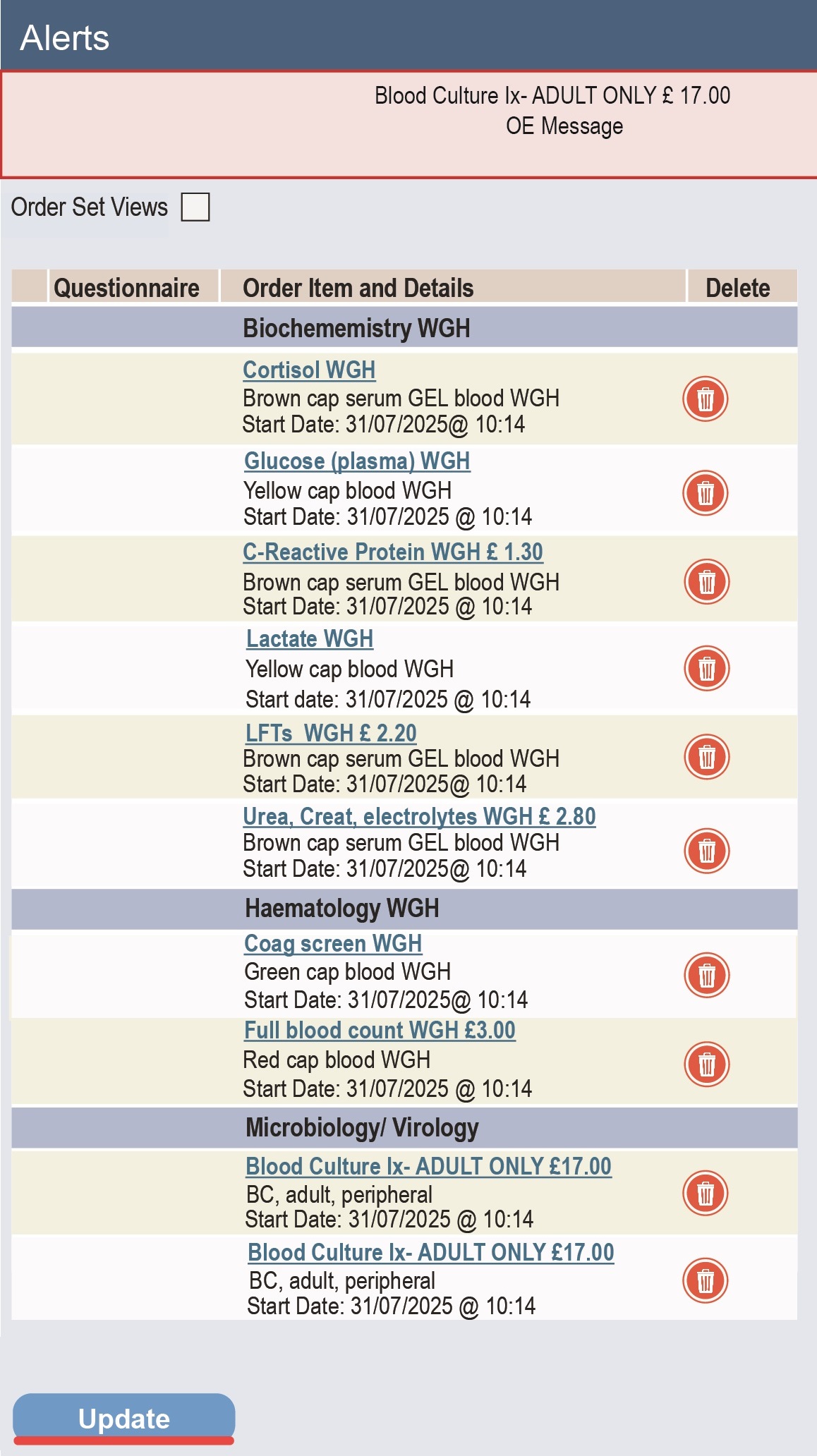 Screenshot of view order screen